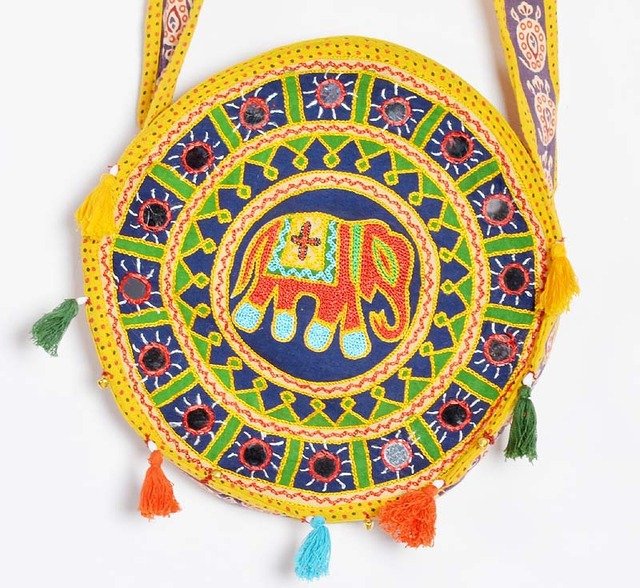 Indian Multi Bag Elephant Embroidered Mirror Ethnic Decor Round Bag 12 X 12 Inch