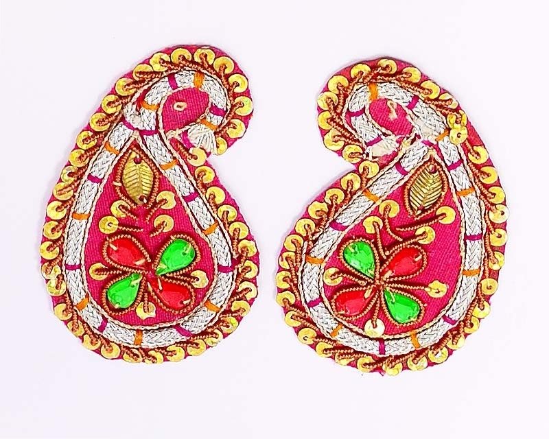 4 Royal Red Hand-Beaded, Paisley Appliques Red Faux Gems Indian Motif Design