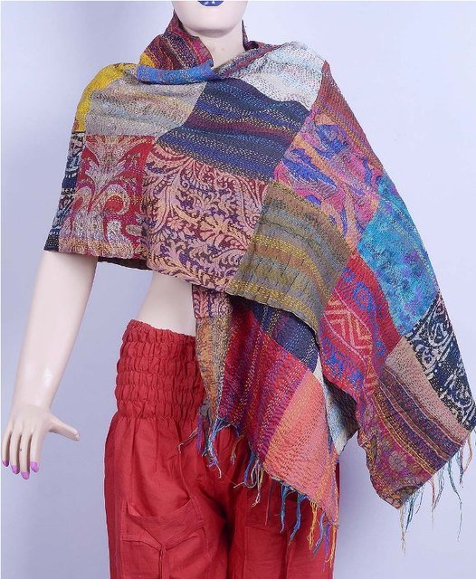 Indian Handmade Silk Patchwork Kantha Shawl / Scarves Reversible Shawl Indian