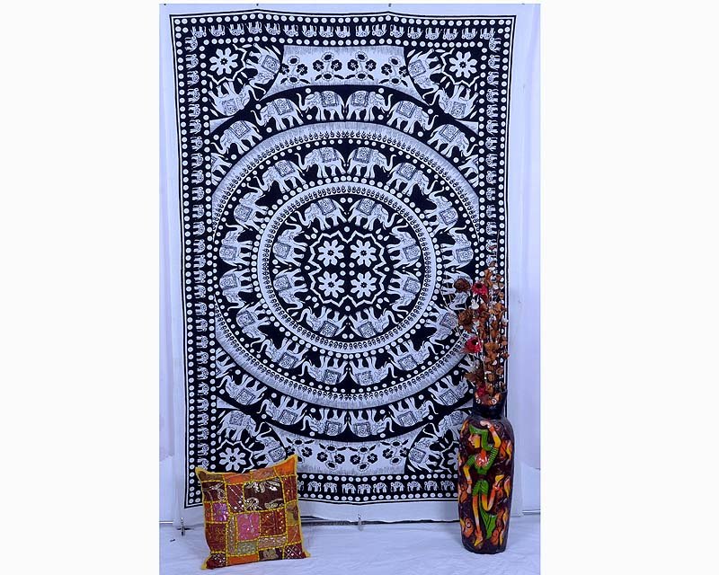 INDIAN TWIN ELEPHANT COTTON TAPESTRY MANDALA BEDSPREAD WALL HANGING TABLE RUNNER