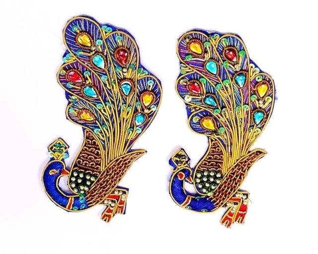 Hand-Beaded Appliques. 2 Brilliant Peacocks Indian Appliques Sew On Patch Badge.