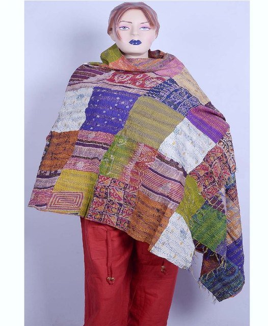 Indian Beautiful Handmade Sari Silk Shawl / Scarf / Wraps Kantha Handmade Shawl