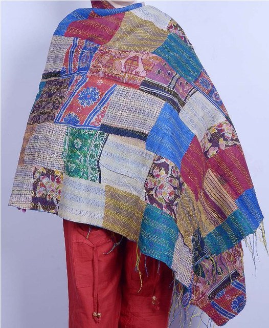 Indian Handmade Silk Patchwork Kantha Shawl / Scarve Reversible Indian Shawl