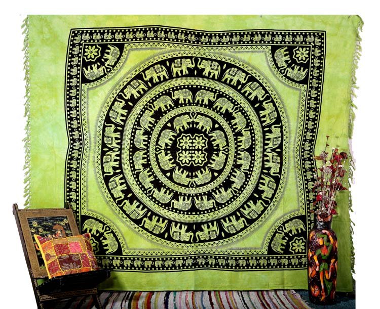 INDIAN GREEN ELEPHANT COVERLET BEDSPREAD WALL HANGING TAPESTRY Blanket Decor