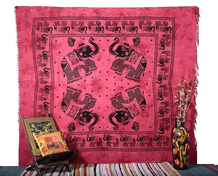 INDIAN PINK ELEPHANT COVERLET BEDSPREAD WALL HANGING FLORAL TAPESTRY DECORATIVE
