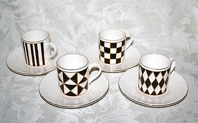GORGEOUSÂ HORNSEA Â SILHOUETTE SET OF 4 BLACK WHITE & GOLD COFFEE CUPS & SAUCERS