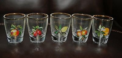 NICE RETRO 1960âS 5 GLASS SET FRUIT DESIGN WHISKY LIQUER GLASSES