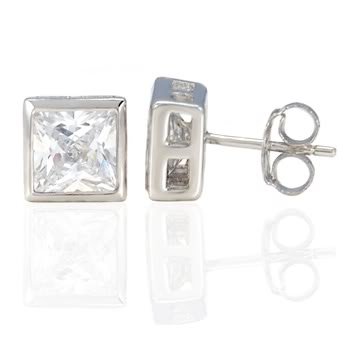 6MM 1.25CT STERLING SILVER PRINCESS CUT BEZEL SET CZ SOLITAIRE EARRINGS