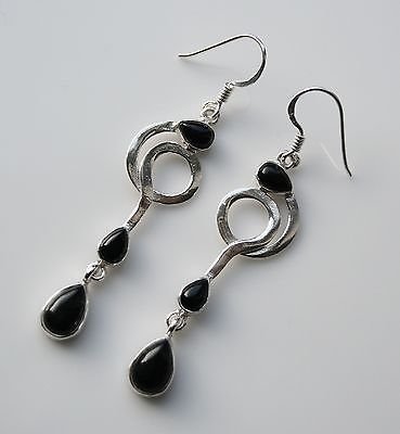 HANDCRAFTED ART DECO STYLE STERLING SILVER AND CABOCHON BLACK ONYX DROP EARRINGS