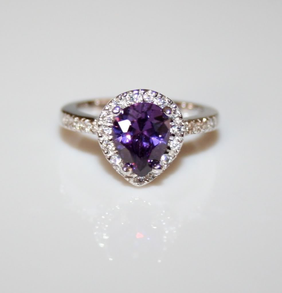 STERLING SILVER 9MM X 6MM 1.5CT PEAR CUT AMETHYST CZ SOLITAIRE RING SIZE K 1/2Â
