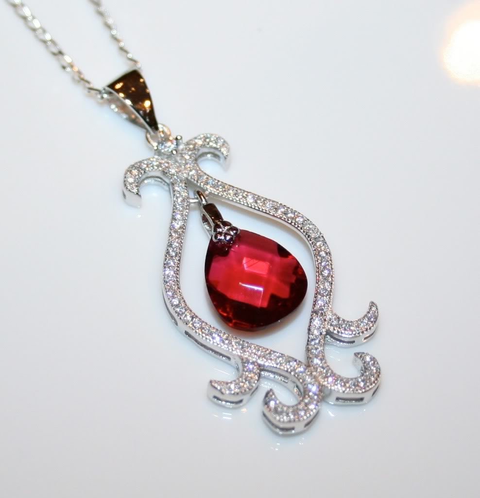 STERLING SILVER 11MM 3CT FACETED RUBY CZ DROP PENDANT & CHAIN
