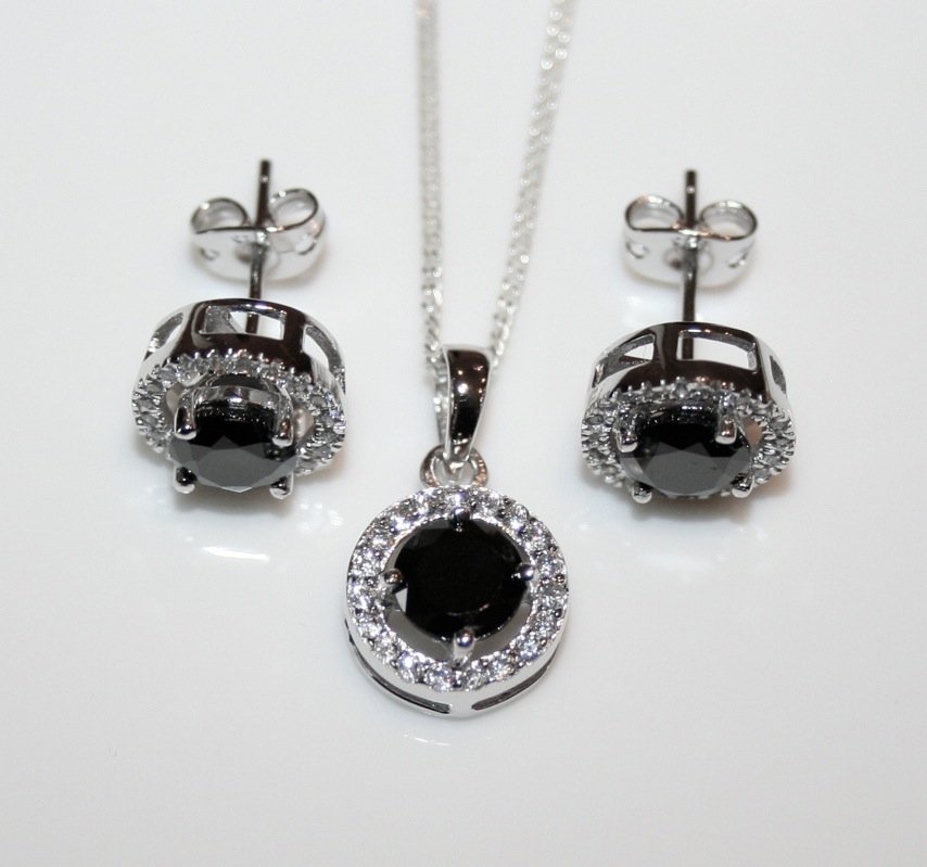 STERLING SILVER ROUND CUT BLACK ONYX CZ TWO WAY EARRING, PENDANT & CHAIN SET