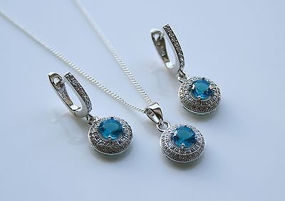 STERLING SILVER 1.50CT ROUND CUT LONDON BLUE TOPAZ CZ EARRING & PENDANT SET