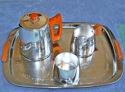 NICE 1960’S SONA ALUMINIUM TEAPOT, MILK JUG, SUGAR BOWL AND SERVING TRAY SET