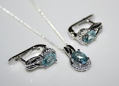 STERLING SILVER 2.75CT FACETED OVAL CUT BLUE TOPAZ CZ EARRING & PENDANT SETÂ