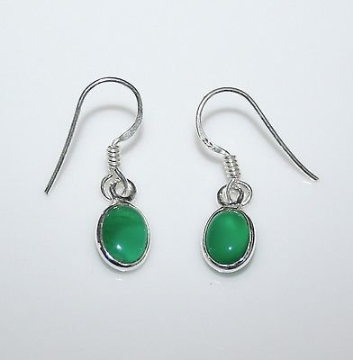 HANDCRAFTED STERLING SILVER 8MM X 6MM GREEN ONYX SMALL OVAL DROP EARRINGS