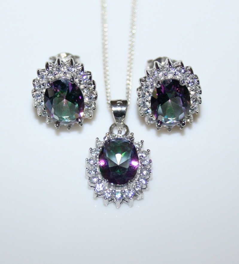 STERLING SILVER 6CT FACETED OVAL CUT MYSTIC TOPAZ CZ EARRING & PENDANT SET