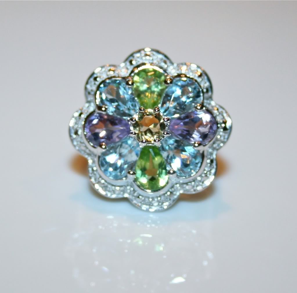 STERLING SILVER BLUE TOPAZ, PERIDOT, AMETHYST & CITRINE GEMSTONE RING SIZE J1/2