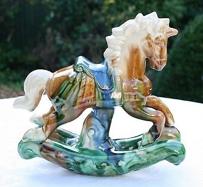 6 3/4â GORGEOUS VINTAGE HAND PAINTED GLAZED ROCKING HORSE FIGURINE