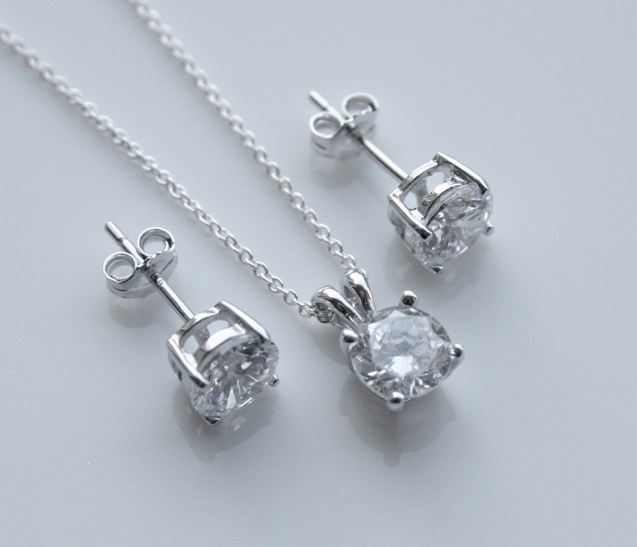 STERLING SILVER 6MM 2.25CT ROUND CUT CZ EARRING AND PENDANT SET + CHAIN