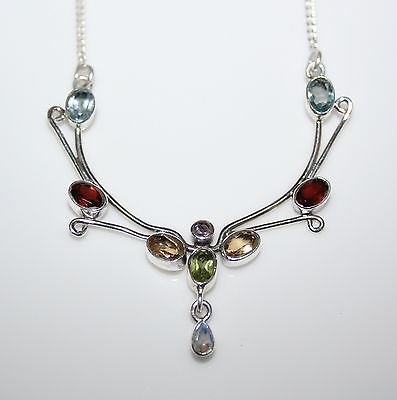HANDCRAFTED ART NOUVEAU STYLE STERLING SILVER MULTI COLOURED GEMSTONE NECKLACE