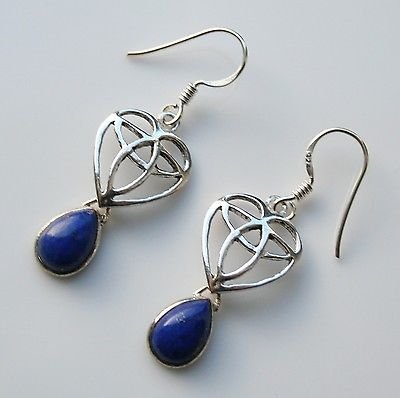 HANDCRAFTED STERLING SILVER ART NOUVEAU STYLE CABOCHON LAPIZ GEMSTONE EARRING