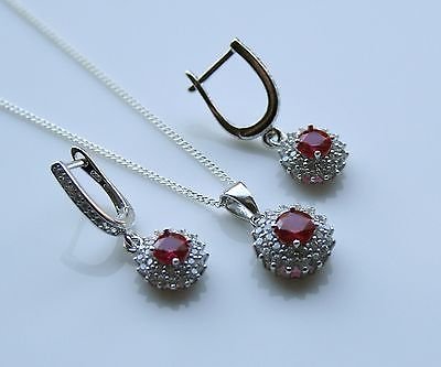 STERLING SILVER 1CT FACETED ROUND CUT RUBY CZ EARRING & PENDANT SET