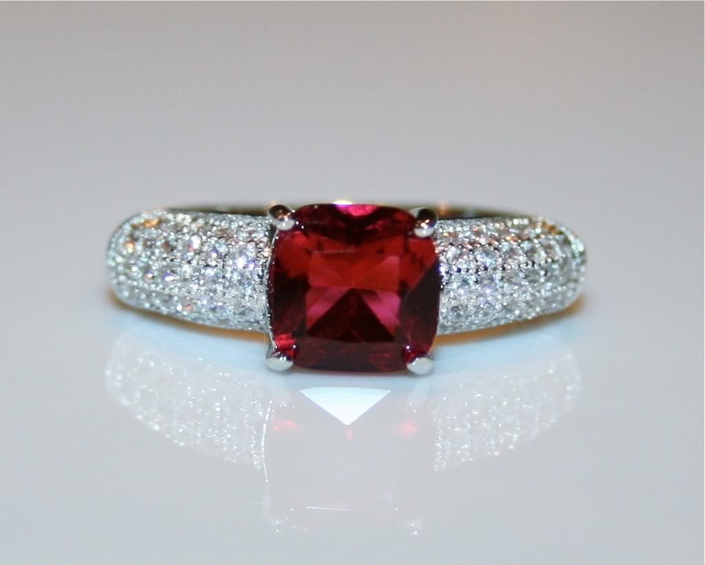 STERLING SILVER CUSHION CUT 7MM 1.28CT FACETED RUBY CZ PAVE RING SIZE M 1/2