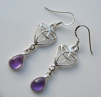 HANDCRAFTED STERLING SILVER ART NOUVEAU STYLE CABACHON AMETHYST GEMSTONE EARRING