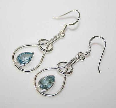 HANDCRAFTED STERLING SILVER ART NOUVEAU STYLE 3CT BLUE TOPAZ GEMSTONE EARRINGS