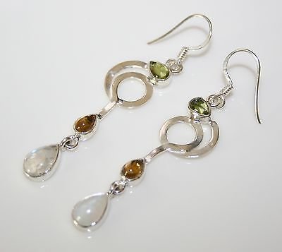 HANDCRAFTED ART DECO STYLE STERLING SILVER MOONSTONE, CITRINE & PERIDOT EARRINGS