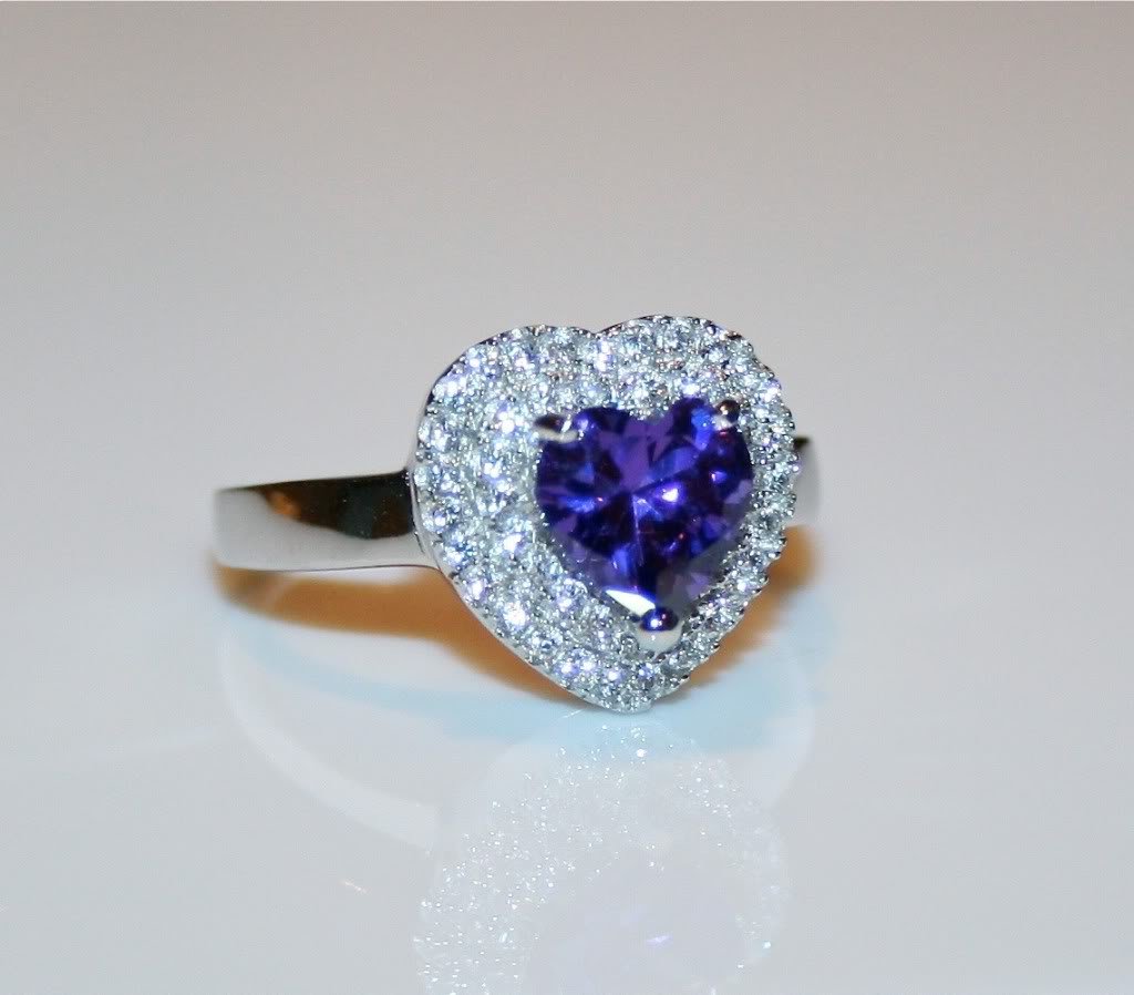 STERLING SILVER HEART CUT 6MM 0.74CT AMETHYST CZ PAVE RING SIZE N *IMPERFECT*