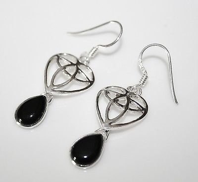HANDCRAFTED STERLING SILVER ART NOUVEAU STYLE BLACK ONYX GEMSTONE EARRING