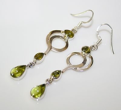 HANDCRAFTED ART DECO STYLE STERLING SILVER AND CABOCHON PERIDOT DROP EARRINGS