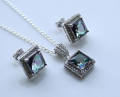 STERLING SILVER 5.45CT PRINCESS CUT MYSTIC TOPAZ CZ EARRING & PENDANT SET