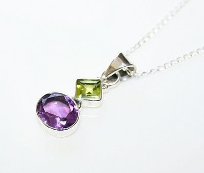 HANDCRAFTED STERLING SILVER Â FACETED AMETHYST & PERIDOT GEMSTONE PENDANT & CHAIN