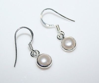 HANDCRAFTED STERLING SILVER 7MM FRESHWATER PEARL SMALL ROUND DROP EARRINGS