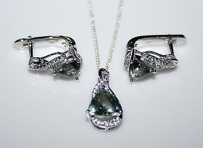 STERLING SILVER 5CT FACETED TRILLION CUT TOURMALINE CZ EARRING & PENDANT SETÂ