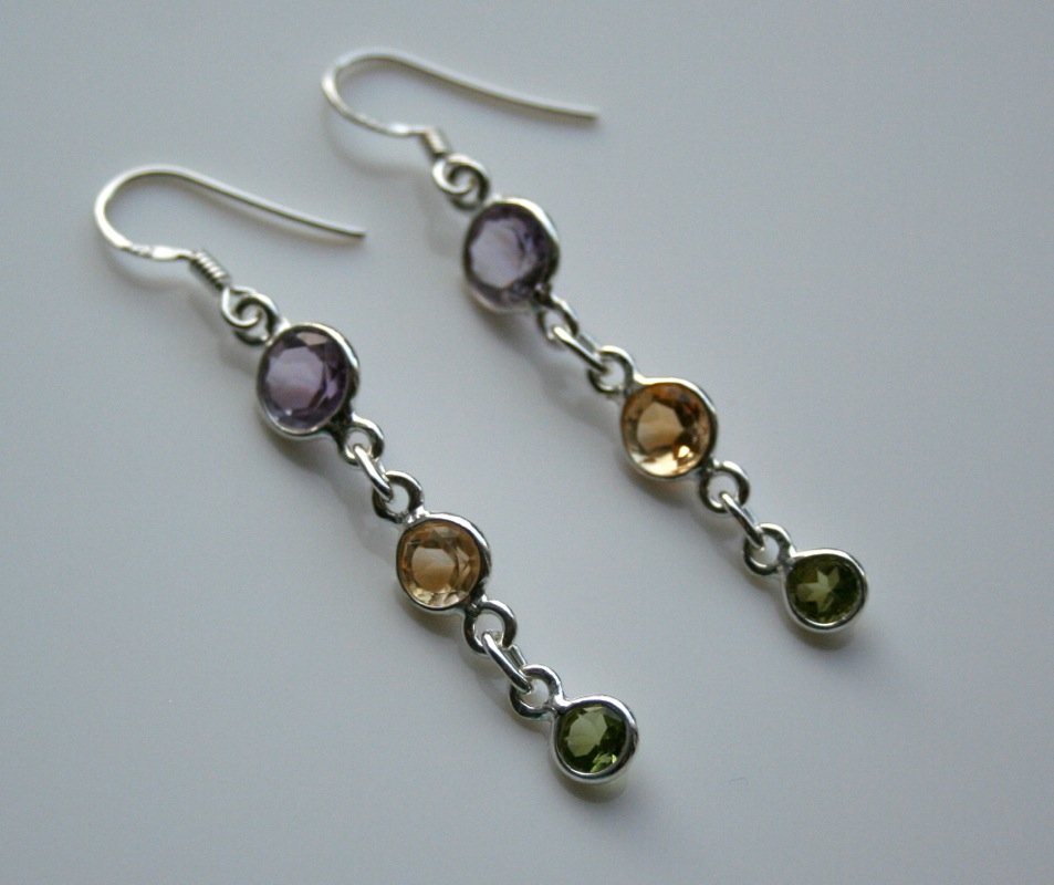 HANDCRAFTED STERLING SILVER Â MULTI COLOURED GEMSTONE DROP EARRINGS