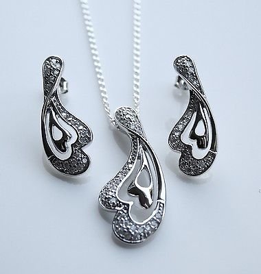 GORGEOUS STERLING SILVER PAVE CZ DROP EARRINGS & PENDANT SET