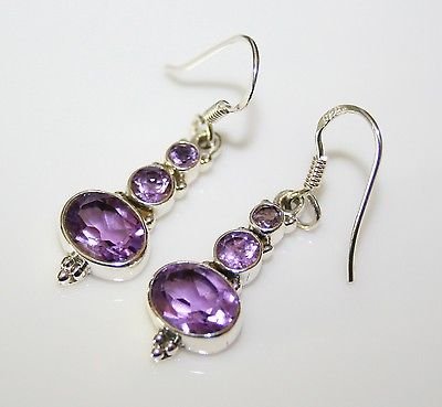 HANDCRAFTED STERLING SILVER Â FACETED AMETHYST GEMSTONE DROP EARRINGS