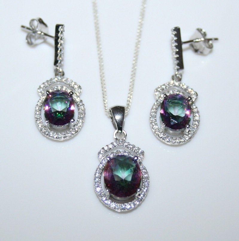 STERLING SILVER 7CT FACETED OVAL CUT MYSTIC TOPAZ CZ EARRING & PENDANT SET