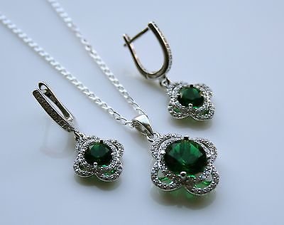 STERLING SILVER 5.25CT FACETED ROUND CUT EMERALD CZ EARRING & PENDANT SETÂ