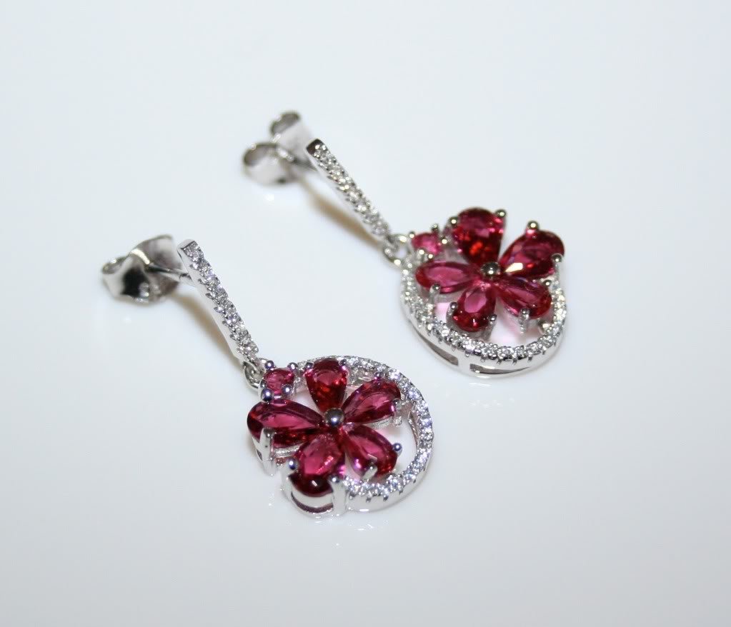 STERLING SILVER PEAR CUT FACETED RHODOLITE CZ FLOWER CLUSTER DROP EARRINGS Â