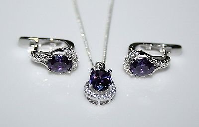 STERLING SILVER 2.75CT FACETED OVAL CUT AMETHYST CZ EARRING & PENDANT SETÂ