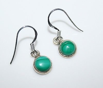 HANDCRAFTED STERLING SILVER 7MM MALACHITE SMALL ROUND DROP EARRINGS