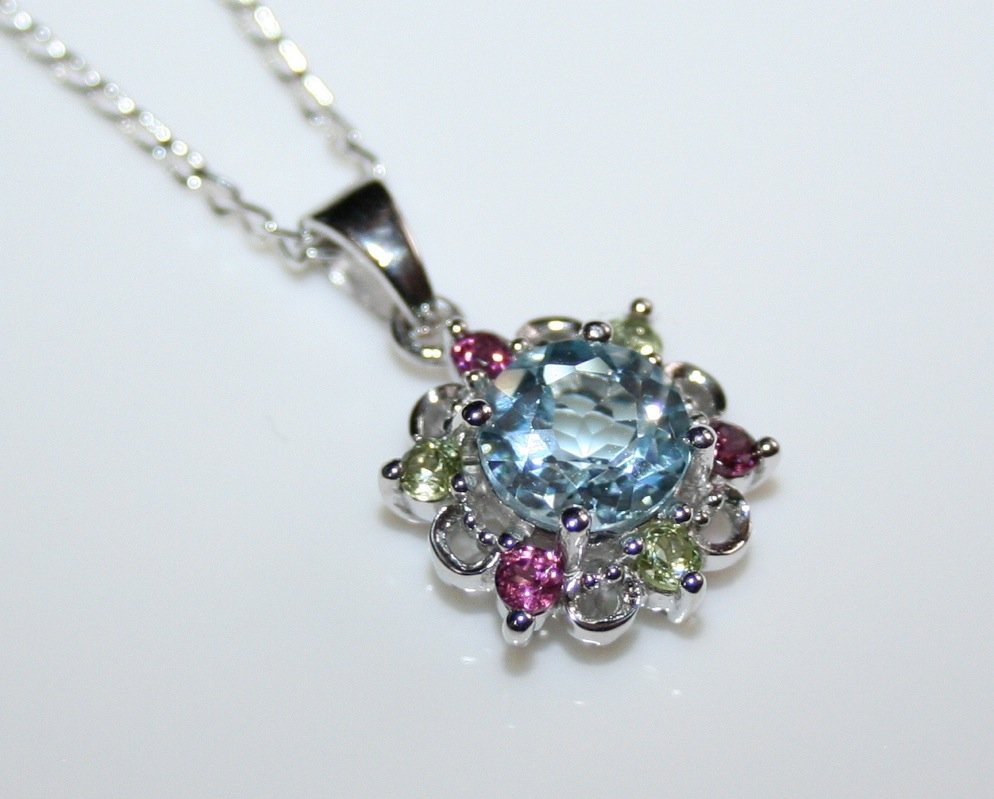 STERLING SILVER BLUE TOPAZ, RHODOLITE & PERIDOT GEMSTONE PENDANT & CHAIN