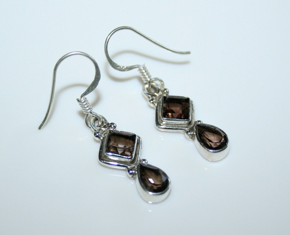 HANDCRAFTED STERLING SILVER FACETED SMOKY QUARTZ GEMSTONE DROP EARRINGS