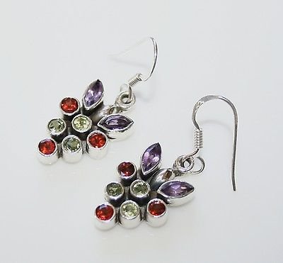 HANDCRAFTED STERLING SILVER Â MULTI COLOURED GEMSTONE DROP EARRINGSÂ