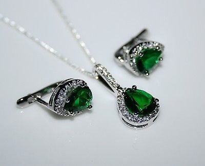 STERLING SILVER 3.50CT FACETED PEAR CUT EMERALD CZ EARRING & PENDANT SET